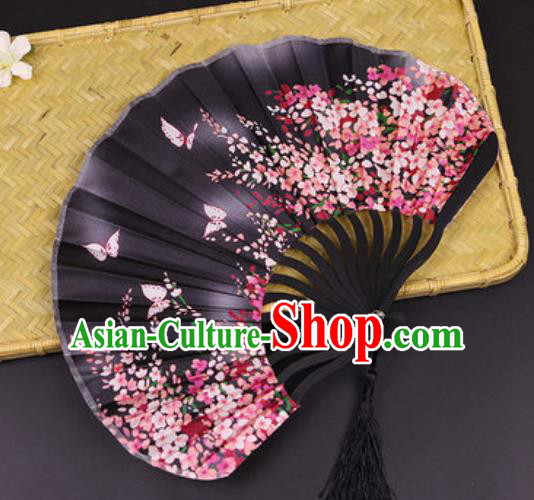 Handmade Chinese Printing Primrose Butterfly Black Satin Fan Traditional Classical Dance Accordion Fans Folding Fan