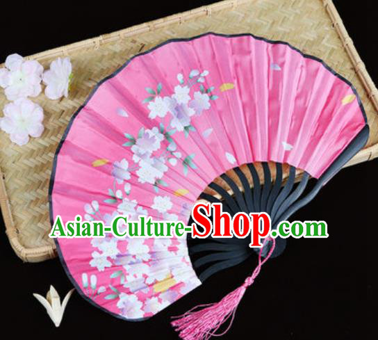 Handmade Chinese Printing Sakura Pink Satin Fan Traditional Classical Dance Accordion Fans Folding Fan