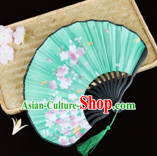 Handmade Chinese Printing Sakura Green Satin Fan Traditional Classical Dance Accordion Fans Folding Fan