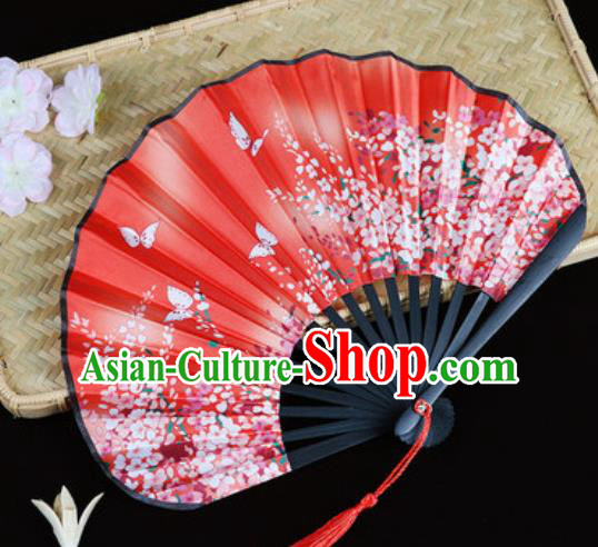 Handmade Chinese Printing Primrose Red Satin Fan Traditional Classical Dance Accordion Fans Folding Fan