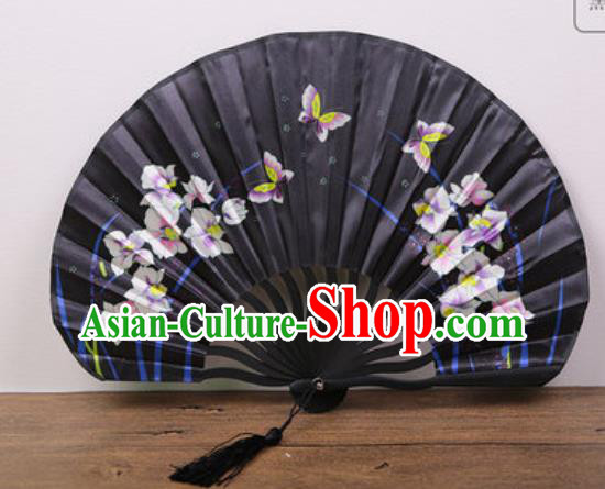Handmade Chinese Printing Orchids Butterfly Black Satin Fan Traditional Classical Dance Accordion Fans Folding Fan