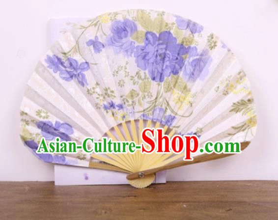 Handmade Chinese Printing Blue Flowers Satin Fan Traditional Classical Dance Accordion Fans Folding Fan