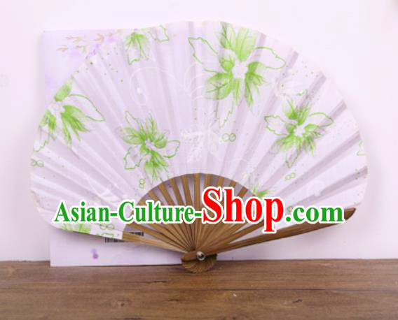Handmade Chinese Printing Green Flowers Satin Fan Traditional Classical Dance Accordion Fans Folding Fan