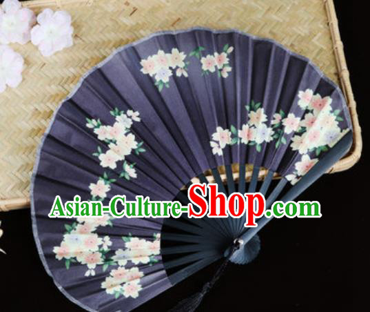 Handmade Chinese Printing Sakura Navy Satin Fan Traditional Classical Dance Accordion Fans Folding Fan