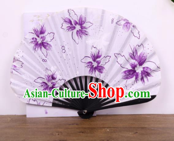 Handmade Chinese Printing Flowers Black Bamboo Satin Fan Traditional Classical Dance Accordion Fans Folding Fan