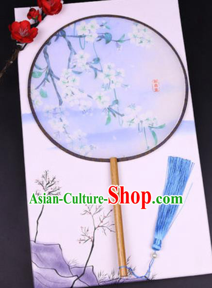 Handmade Chinese Printing Pear Flowers Blue Silk Fans Traditional Classical Dance Palace Fan for Women