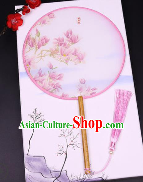 Handmade Chinese Printing Mangnolia Pink Silk Fans Traditional Classical Dance Palace Fan for Women