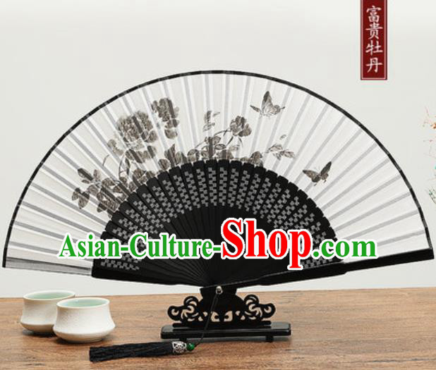 Chinese Traditional Ink Painting Peony Fan Handmade Accordion Classical Dance Fans Folding Fan