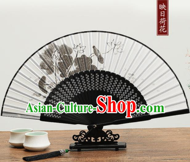 Chinese Traditional Ink Painting Lotus Fan Handmade Accordion Classical Dance Fans Folding Fan