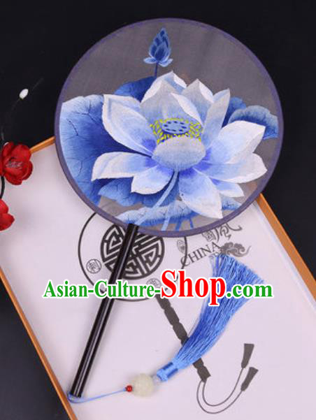 Handmade Chinese Embroidered Blue Lotus Silk Fans Traditional Classical Dance Palace Fan for Women