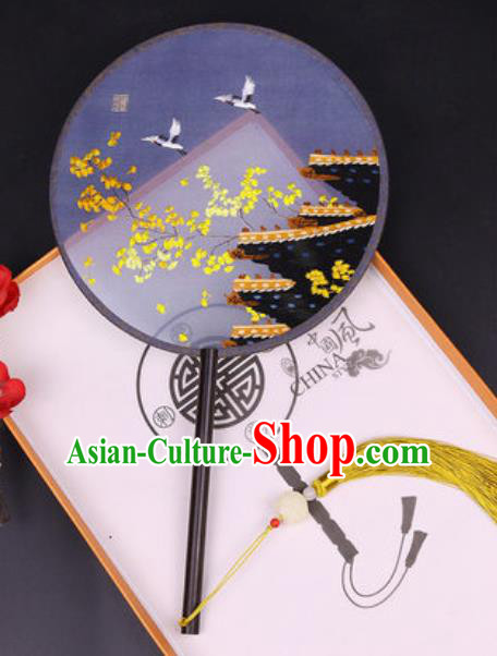 Handmade Chinese Embroidered Ginkgo Crane Silk Fans Traditional Classical Dance Palace Fan for Women