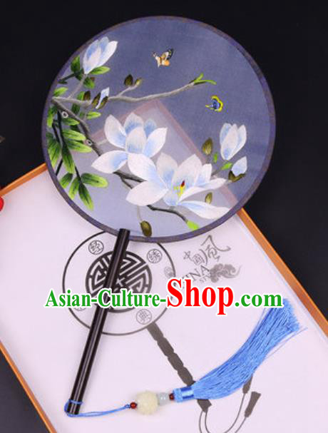 Handmade Chinese Embroidered Blue Mangnolia Silk Fans Traditional Classical Dance Palace Fan for Women