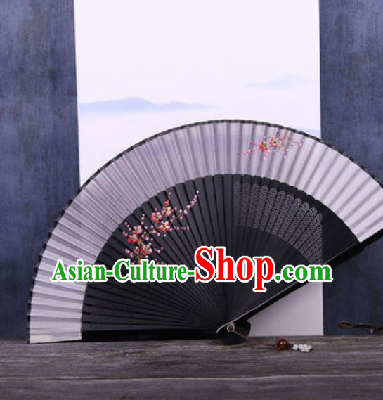 Chinese Traditional Hand Painting Plum Black Silk Fan Classical Dance Accordion Fans Folding Fan