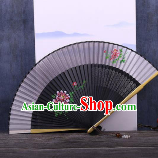 Chinese Traditional Hand Painting Peony Black Silk Fan Classical Dance Accordion Fans Folding Fan