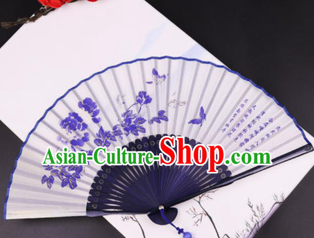 Chinese Traditional Painting Peony Blue Bamboo Fan Classical Dance Accordion Silk Fans Folding Fan