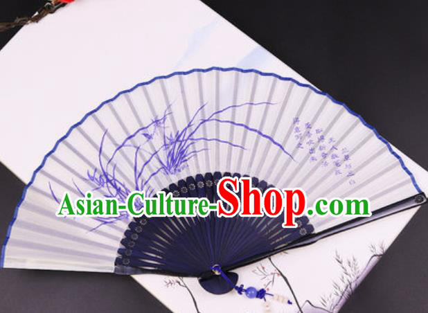 Chinese Traditional Painting Orchids Blue Bamboo Fan Classical Dance Accordion Silk Fans Folding Fan