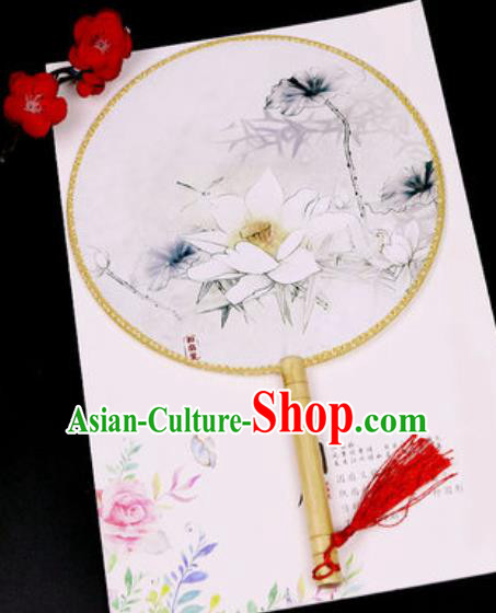 Chinese Traditional Printing White Lotus Silk Fans Handmade Classical Dance Palace Fan for Women