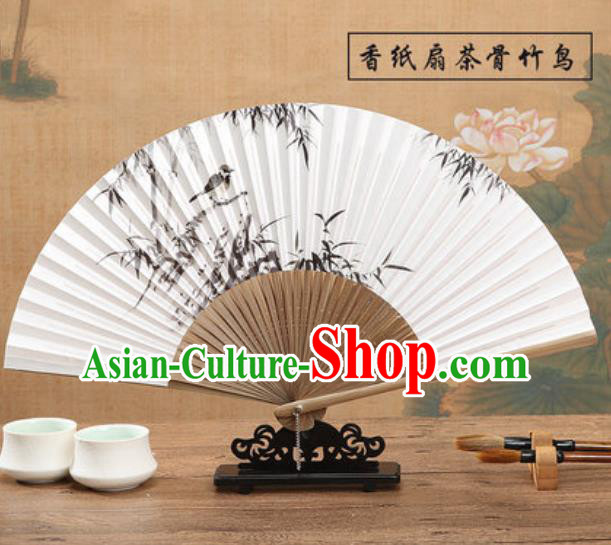 Chinese Traditional Ink Painting Bamboo Bird Paper Fan Classical Dance Accordion Fans Folding Fan