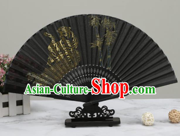 Chinese Traditional Printing Tiger Bamboo Black Silk Fan Classical Dance Accordion Fans Folding Fan