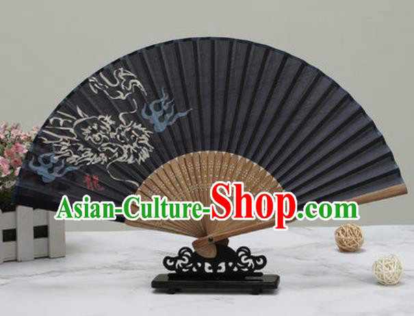 Chinese Traditional Printing Cloud Dragon Black Silk Fan Classical Dance Accordion Fans Folding Fan