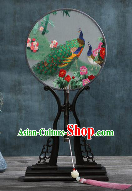 Handmade Chinese Embroidered Peacock Peony Ebony Silk Fans Traditional Classical Dance Palace Fan for Women