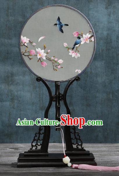 Handmade Chinese Embroidered Mangnolia Birds Ebony Silk Fans Traditional Classical Dance Palace Fan for Women