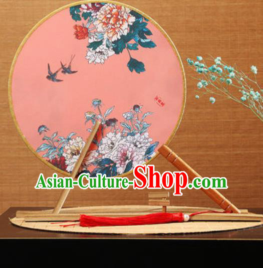 Handmade Chinese Printing Peony Pink Round Fans Traditional Classical Dance Red Beech Palace Fan for Women