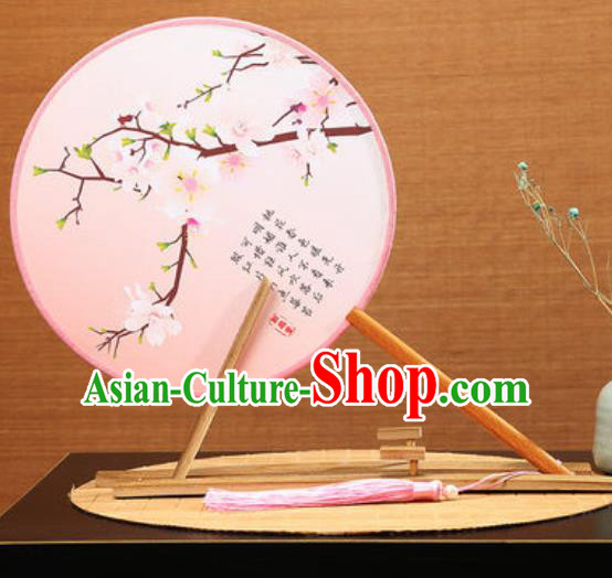 Handmade Chinese Printing Peach Flowers Pink Round Fans Traditional Classical Dance Red Beech Palace Fan for Women