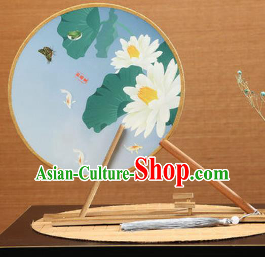 Handmade Chinese Printing Lotus Blue Round Fans Traditional Classical Dance Red Beech Palace Fan for Women