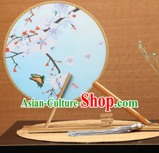 Handmade Chinese Printing Pear Flowers Blue Round Fans Traditional Classical Dance Red Beech Palace Fan for Women