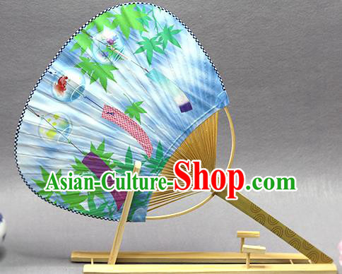 Handmade Chinese Printing Lantern Blue Paper Fans Traditional Classical Dance Palace Fan for Women