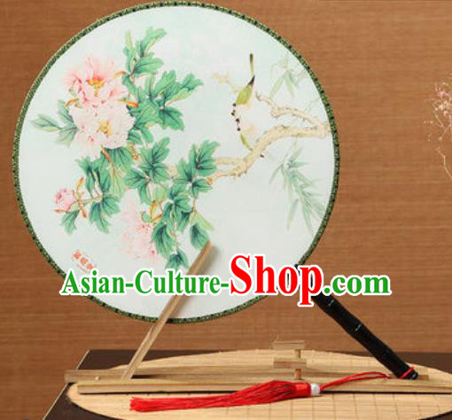 Handmade Chinese Printing Peony Light Green Palace Fans Traditional Classical Dance Round Fan for Women