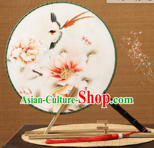 Handmade Chinese Printing Peony Magpie Palace Fans Traditional Classical Dance Round Fan for Women