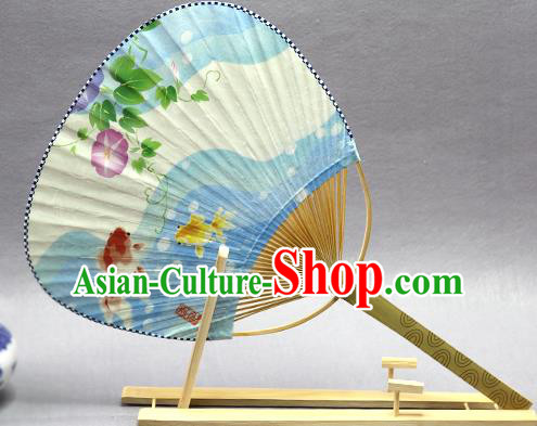 Handmade Chinese Printing Petunia Goldfish Blue Paper Fans Traditional Classical Dance Palace Fan for Women