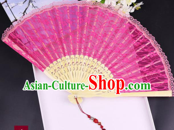 Handmade Chinese Rosy Lace Fan Traditional Classical Dance Accordion Fans Folding Fan