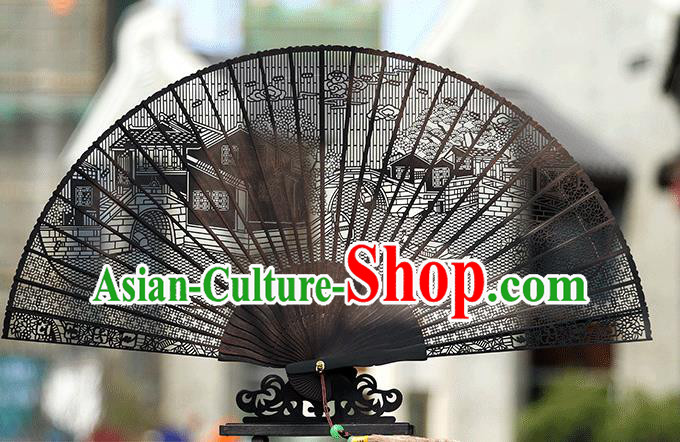 Handmade Chinese Carving Jiangnan Watertown Ebony Fan Traditional Classical Dance Accordion Fans Folding Fan