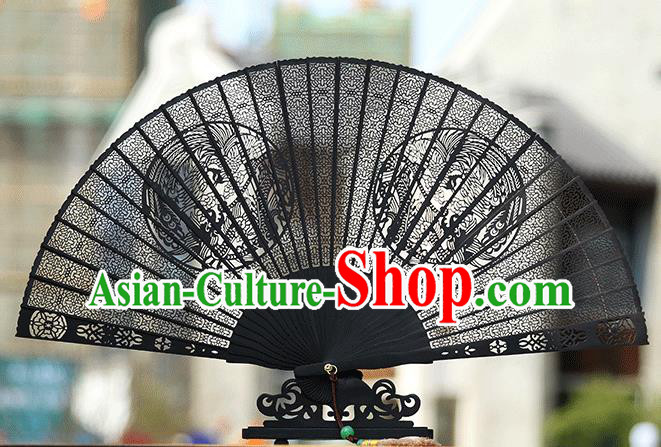 Handmade Chinese Carving Round Phoenix Ebony Fan Traditional Classical Dance Accordion Fans Folding Fan