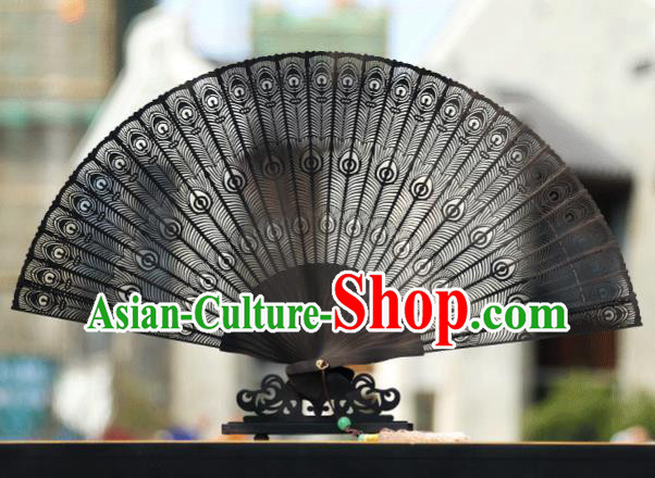 Handmade Chinese Carving Peacock Feather Ebony Fan Traditional Classical Dance Accordion Fans Folding Fan