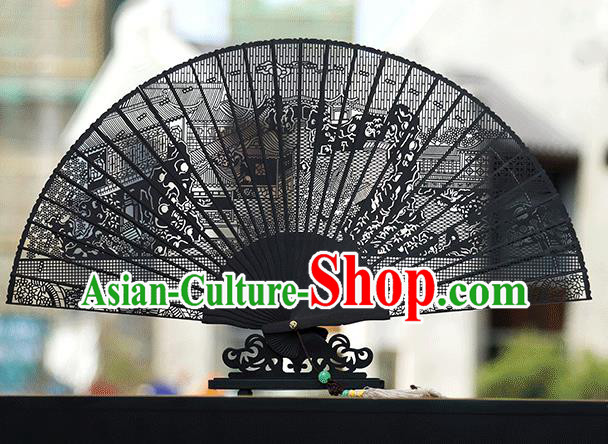 Handmade Chinese Carving Lingering Garden Ebony Fan Traditional Classical Dance Accordion Fans Folding Fan