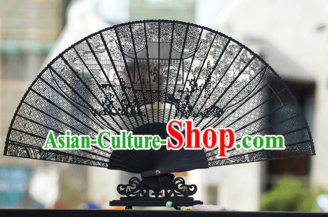 Handmade Chinese Carving Wangshi Garden Ebony Fan Traditional Classical Dance Accordion Fans Folding Fan