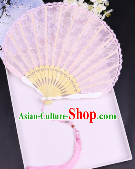 Handmade Chinese Pink Lace Fan Traditional Classical Dance Accordion Fans Folding Fan