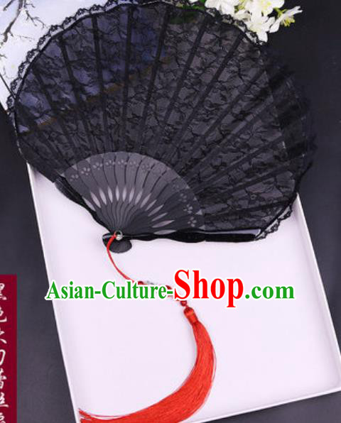 Handmade Chinese Black Lace Fan Traditional Classical Dance Accordion Fans Folding Fan