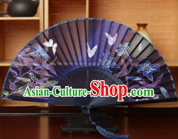 Handmade Chinese Printing Tuberose Purple Silk Fan Traditional Classical Dance Accordion Fans Folding Fan