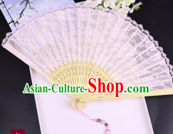 Handmade Chinese Light Pink Lace Fan Traditional Classical Dance Accordion Fans Folding Fan