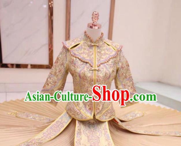 Chinese Traditional Xiu He Suit Embroidered Champagne Dress China Ancient Bride Wedding Costume for Women