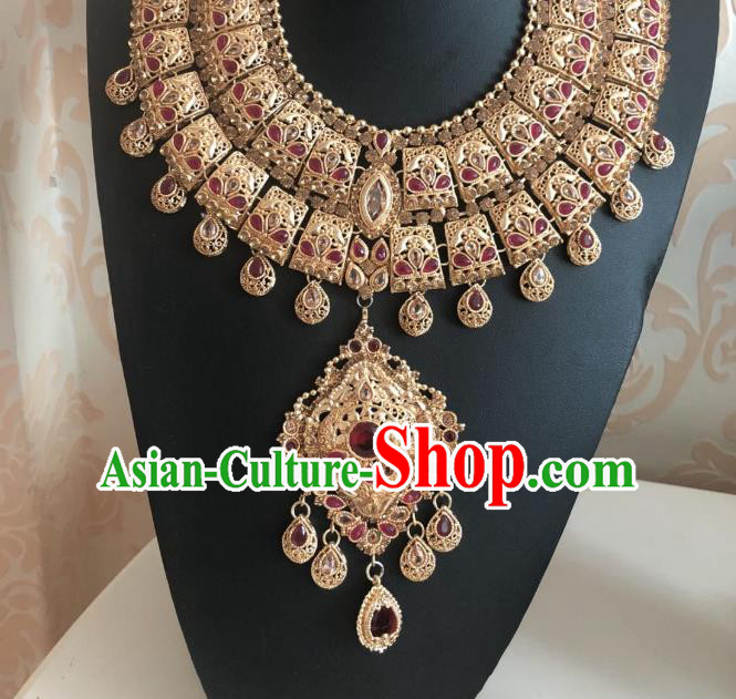 Indian Traditional Wedding Red Gem Necklace Asian India Bride Jewelry Accessories for Women