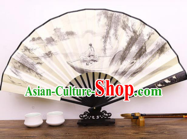 Handmade Chinese Ink Painting Fishing Carving Fan Traditional Classical Dance Accordion Fans Folding Fan