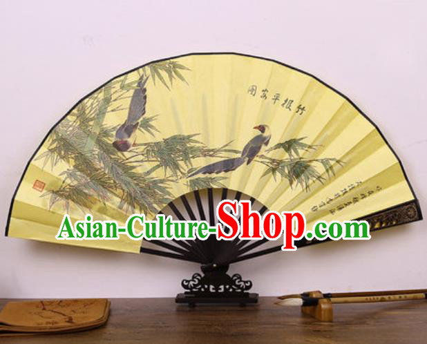 Handmade Chinese Ink Painting Bamboo Birds Yellow Carving Fan Traditional Classical Dance Accordion Fans Folding Fan