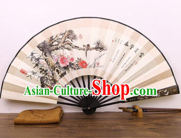 Handmade Chinese Ink Painting Peony Carving Fan Traditional Classical Dance Accordion Fans Folding Fan