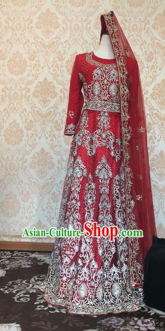 Indian Traditional Embroidered Wine Red Lehenga Dress Asian India Bride Wedding Costume for Women